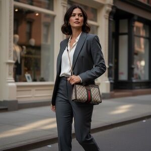 Gucci Vintage Beige & Brown GG Sherry Line Green/Red Web Clutch Bag